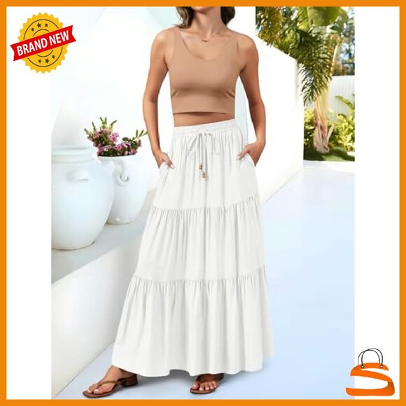 Rayon Maxi Skirt with Pockets, Elastic Waist, A-Line Boho Style - Picture 4 of 8